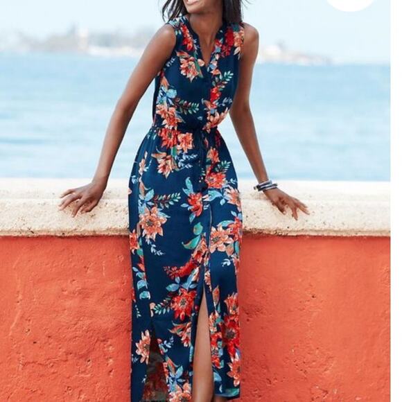 TALBOTS Sleeveless, summer Maxi Dress, Blue w/Floral print, size 8 - Picture 1 of 11